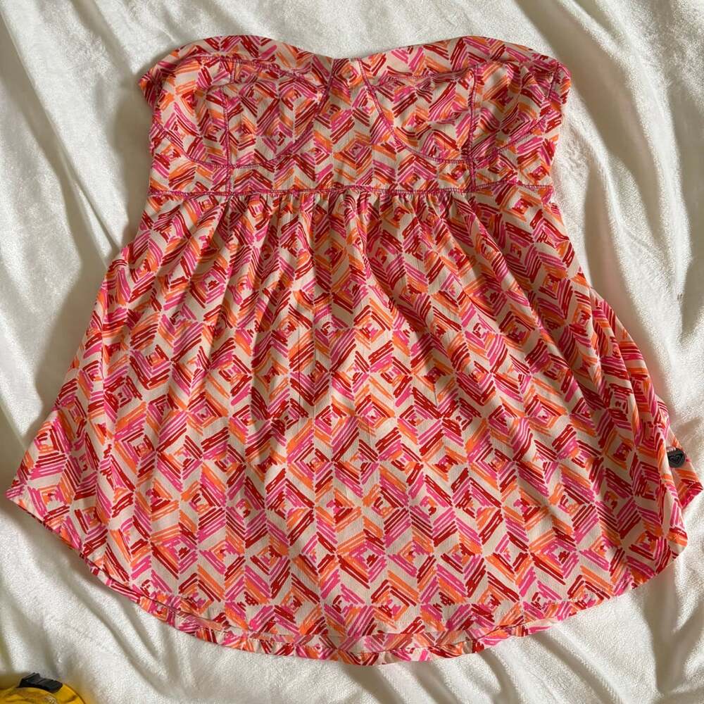 Roxy Vintage Y2K Strapless Babydoll Tunic Top Pink Orange Geometric Print